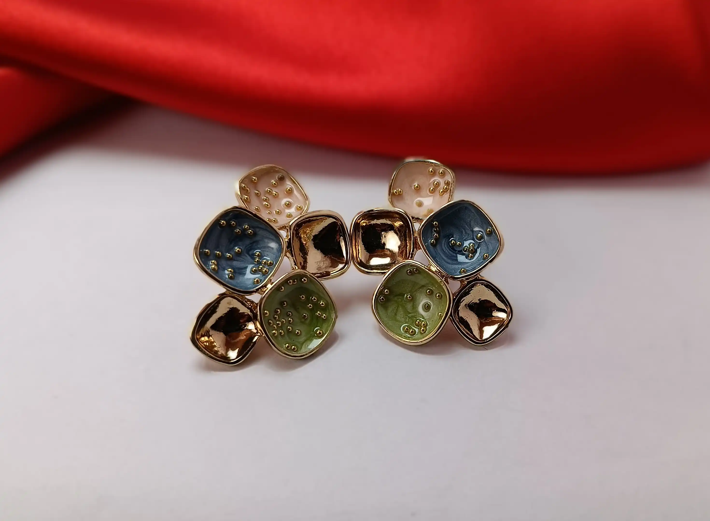 Colorful Mosaic Bloom Enamel Earrings – Gold Plated Abstract Cluster Studs